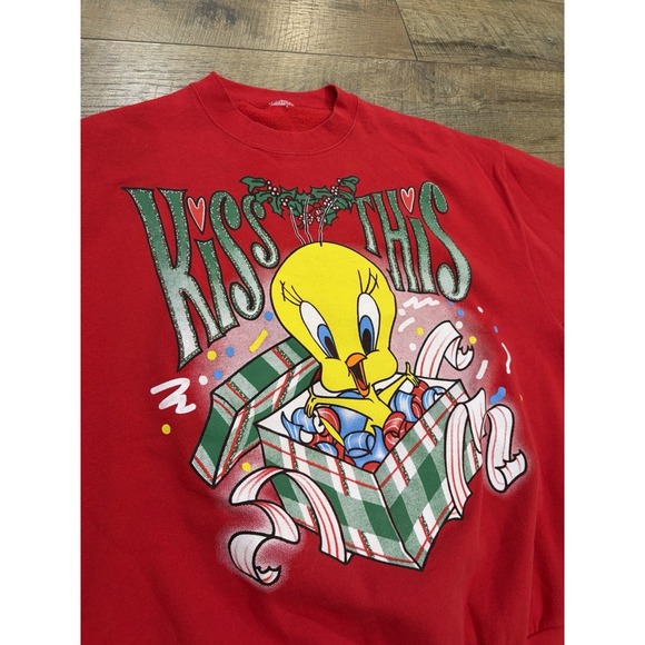 Vintage 90s Tweety Bird Looney Tunes Christmas Crewneck Sweatshirt Red XXL - Picture 2 of 8